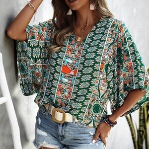 New Boho Floral Print Kimono Sleeve Oversized Top